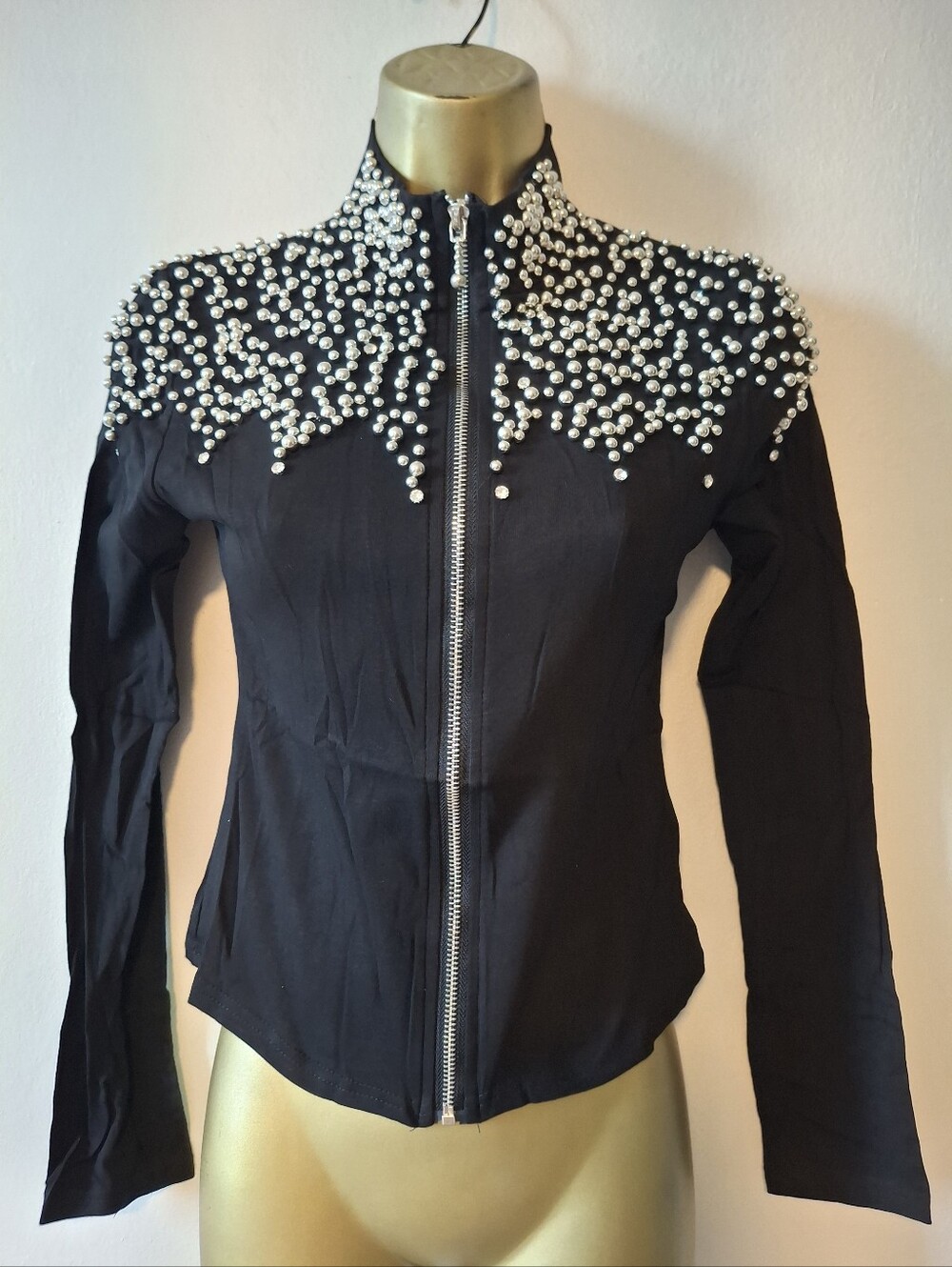 Black Pearl-Embellished Zip Jacket -Women